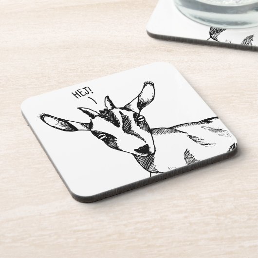 Zwart-wit Tekening van Kleine Geit gezegde "Hej!" Bier Onderzetter (Linkerzijde)