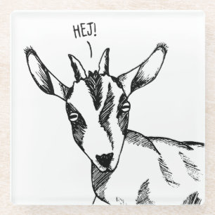 Zwart-wit Tekening van Kleine Geit gezegde "Hej!" Glazen Onderzetter