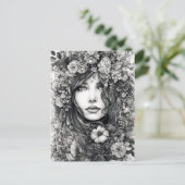 Zwart-wit Tekening Vrouw met Bloemen Briefkaart (Staand voorkant)