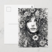 Zwart-wit Tekening Vrouw met Bloemen Briefkaart (Voorkant / Achterkant)