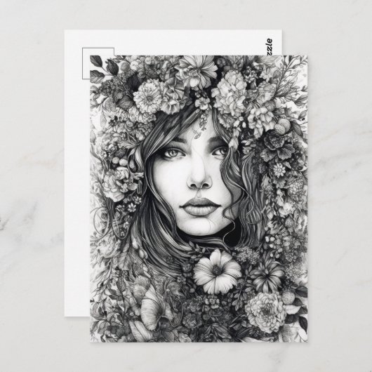 Zwart-wit Tekening Vrouw met Bloemen Briefkaart (Voorkant / Achterkant)