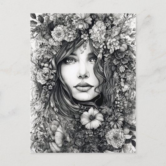 Zwart-wit Tekening Vrouw met Bloemen Briefkaart (Voorkant)