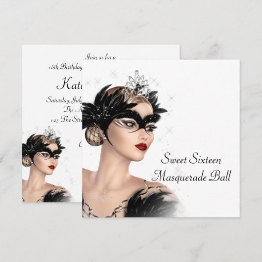 Zwart Wit Tiara Mask Sweet 16 Masquerade Party Kaart (Voorkant / Achterkant)