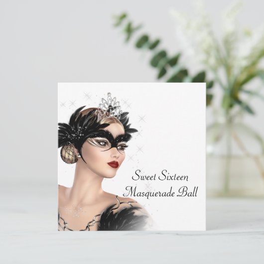 Zwart Wit Tiara Mask Sweet 16 Masquerade Party Kaart (Staand voorkant)
