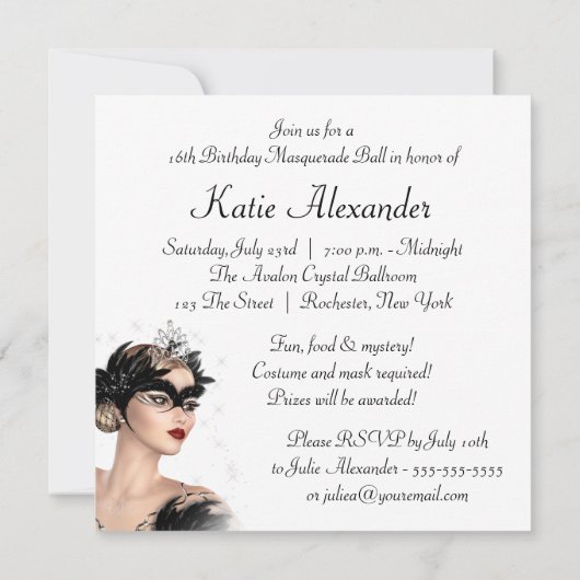 Zwart Wit Tiara Mask Sweet 16 Masquerade Party Kaart (Achterkant)