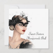 Zwart Wit Tiara Mask Sweet 16 Masquerade Party Kaart (Voorkant)