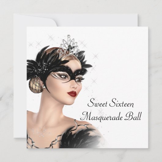 Zwart Wit Tiara Mask Sweet 16 Masquerade Party Kaart (Voorkant)