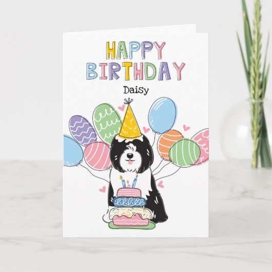 Zwart Wit Tibetaans Terriër Hond Verjaardagsfeest Kaart (Voorkant)