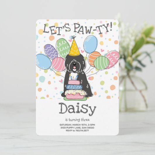 Zwart Wit Tibetaans Terriër Hond Verjaardagsfeest Kaart (Staand voorkant)