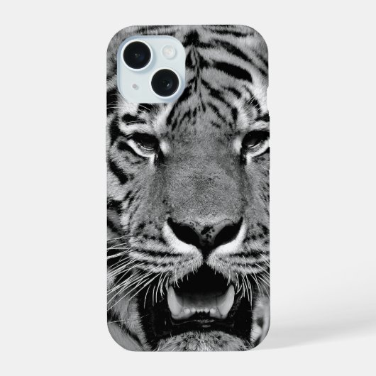 Zwart-Wit Tijger Gezicht iPhone 15 Case (Achterkant)