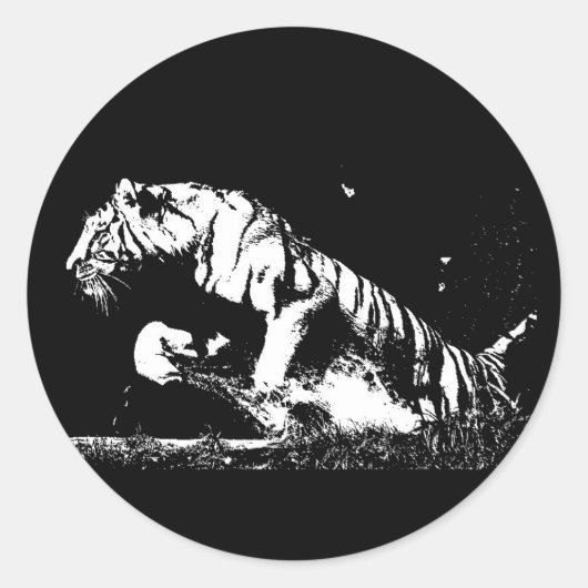 Zwart Wit Tijger Pop Art Ronde Sticker (Voorkant)