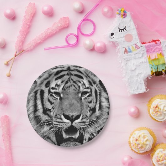 Zwart-wit tijgergezicht papieren bordje (Feest)