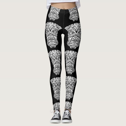 Zwart-wit Tiki masker Leggings (Voorkant)
