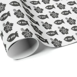 Zwart-wit Tiki-vis- en bloempatroon Cadeaupapier
