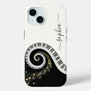 Zwart-wit Toetsenbord van Piano met Noten en Initi iPhone 15 Case