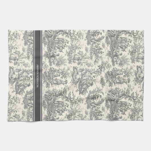  zwart-wit Toile de Jouy bedrukt Theedoek (Horizontaal)