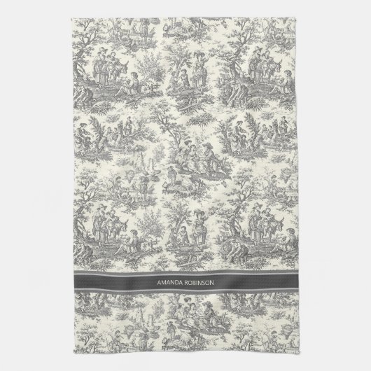  zwart-wit Toile de Jouy bedrukt Theedoek (Verticaal)