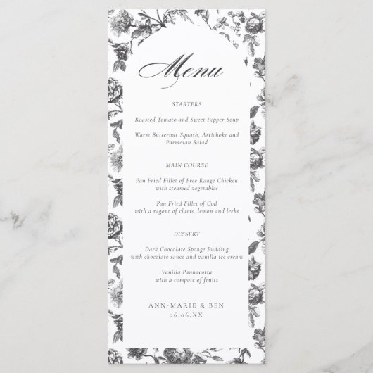 Zwart-wit Toile Script Arch Wedding Menu (Voorkant)