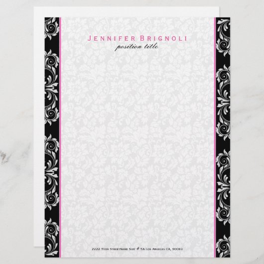 Zwart wit touch van roze bloemdamast gepersonaliseerd briefhoofd (Voorkant / Achterkant)