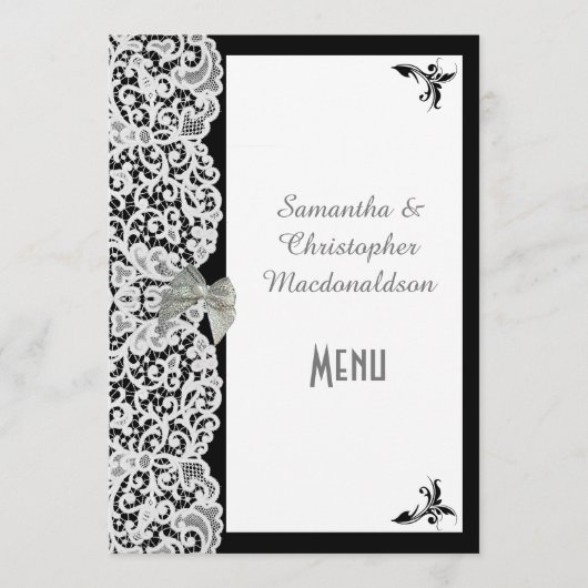 Zwart-wit, traditioneel lace trouwmenu menu (Voorkant)