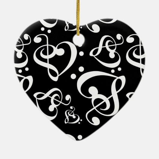 Zwart Wit Treble Bass Clef Hart Muziek Kerstmis Keramisch Ornament (Achterkant)