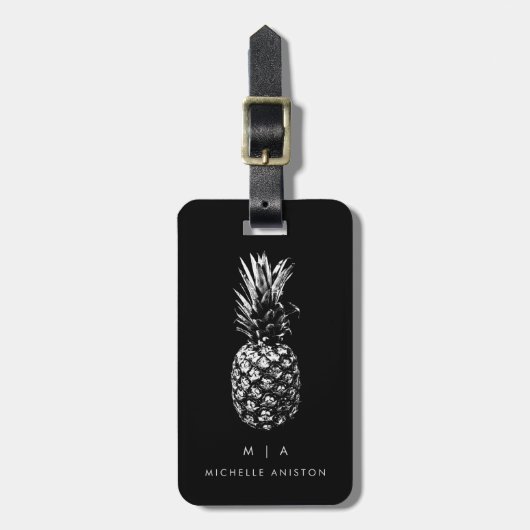 Zwart wit Trendy ananas | Monogram Aangepast Bagagelabel (Voorkant verticaal)
