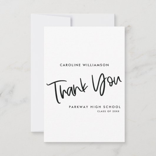 Zwart-wit trendy elegante script Afstuderen Bedankkaart (Voorkant)