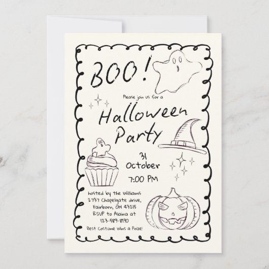 Zwart & Wit Trendy Hand getrokken Halloween Party Kaart (Voorkant)