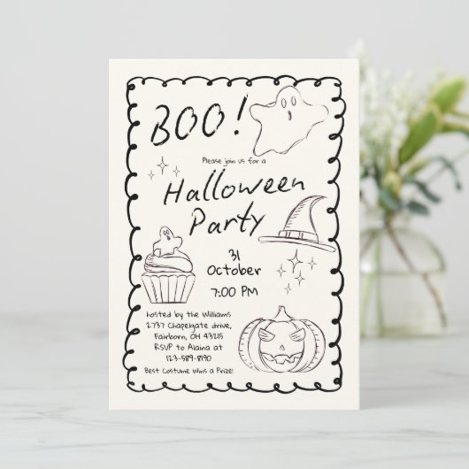 Zwart & Wit Trendy Hand getrokken Halloween Party Kaart (Staand voorkant)