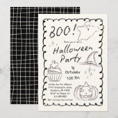 Zwart & Wit Trendy Hand getrokken Halloween Party Kaart (Voorkant / Achterkant)