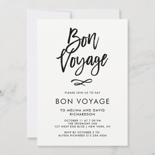 Zwart-wit trendy script | Bon Voyage Party Kaart (Voorkant)