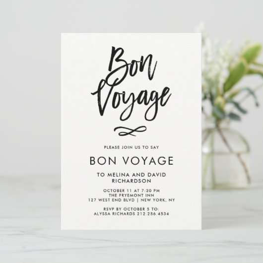 Zwart-wit trendy script | Bon Voyage Party Kaart (Staand voorkant)
