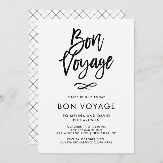 Zwart-wit trendy script | Bon Voyage Party Kaart (Voorkant / Achterkant)