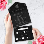 Zwart-wit Tri-Fold Gotische Bruiloft Uitnodigen All In One Uitnodiging<br><div class="desc">Voeg een vleugje mysterie toe aan je bruiloft met deze drievoudige tattoos gotische bruiloftsuitnodigingen met tear-off RSVP-kaarten! Dit minimalistische zwart-wit ontwerp heeft schedels, rozen en andere gotische elementen, waardoor het ideaal is voor degenen die een donkere twist willen toevoegen aan hun grote dag. Maak een statement met een huwelijksuitnodigingskaart die...</div>