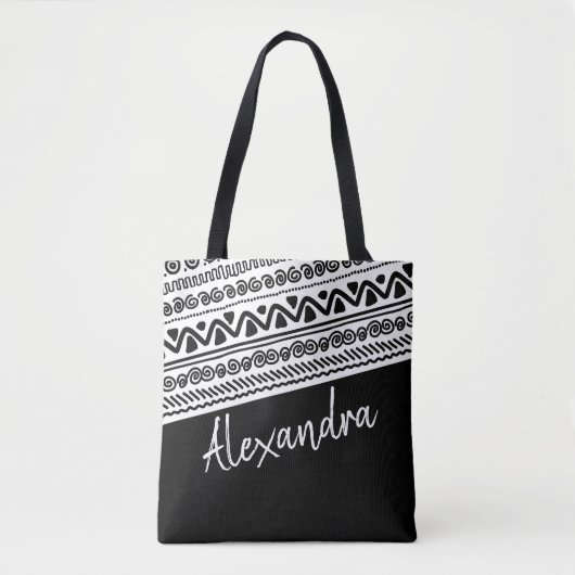 Zwart wit tribaal patroon gepersonaliseerd tote bag (Voorkant)