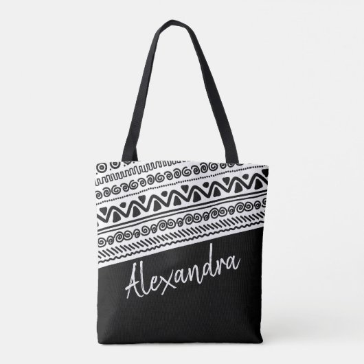 Zwart wit tribaal patroon gepersonaliseerd tote bag (Achterkant)
