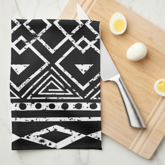 Zwart wit tribaal patroon theedoek (Quarter Fold)