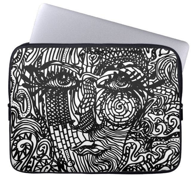 Zwart-wit Trippy Line Portret Laptop Sleeve (Voorkant)