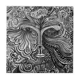 Zwart-wit Trippy Line Portret Tegeltje