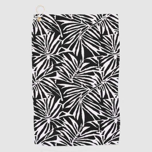 Zwart-wit tropisch blad herhalend patroon golfhanddoek (Voorkant)