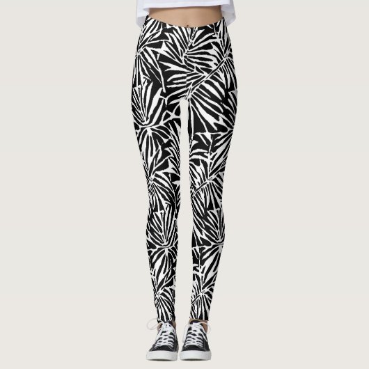 Zwart-wit tropisch blad herhalend patroon leggings (Voorkant)