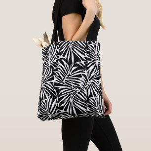 Zwart-wit tropisch blad herhalend patroon tote bag