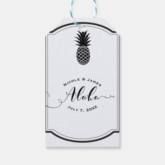 Zwart Wit Tropische Ananas Favor MAHALO ALOHA Cadeaulabel (Achterkant)