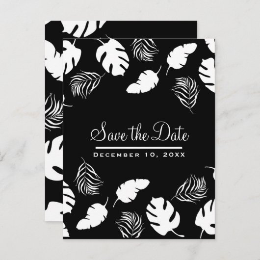 Zwart & Wit Tropische Bladeren Chic Bewaar de Datu Aankondigingskaart (Voorkant / Achterkant)