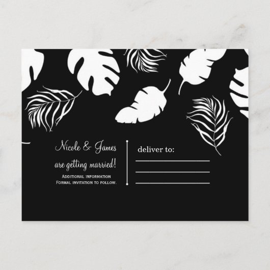 Zwart & Wit Tropische Bladeren Chic Bewaar de Datu Aankondigingskaart (Achterkant)