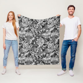 Zwart-wit tropische bladeren fleece deken