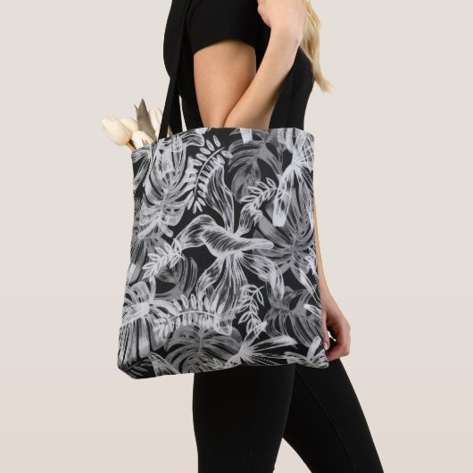 Zwart-wit tropische bladeren tote bag (Dichtbij)