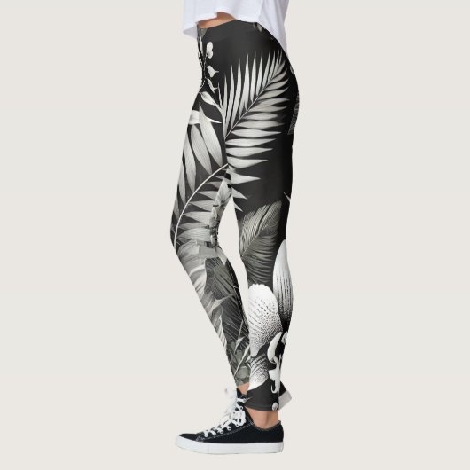 Zwart-wit Tropische Bloemen Gym Leggings (Links)
