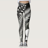 Zwart-wit Tropische Bloemen Gym Leggings (Voorkant)