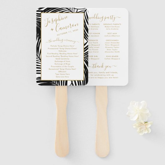 Zwart-wit Tropische Palm Leaf bruiloft programma Handwaaier (Voorkant en achterkant)